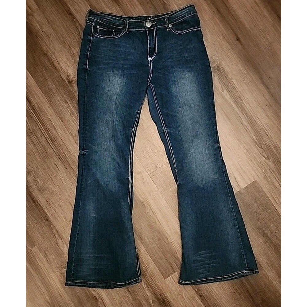 Seven 7 Womens Jeans 32 Flare Dark Wash Blue Denim Embroidered Wide-Leg